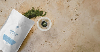 Ein braunes kleines Glas auf hölzerner Oberfläche, umgeben von grünen Pflanzen 